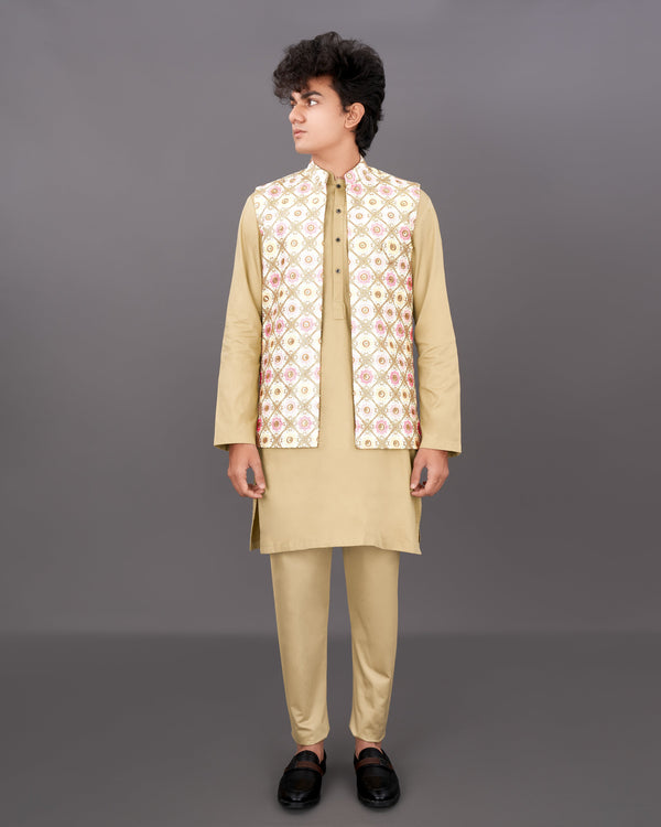 Sugarcane White with Muted Pink and Fawn Brown Sleeveless Jacket with Kurta, Pants Set