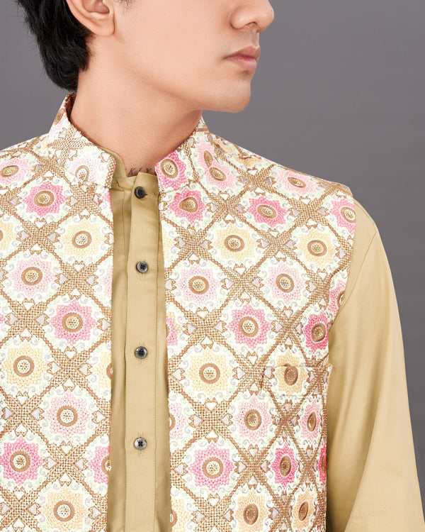 Sugarcane White with Muted Pink and Fawn Brown Sleeveless Jacket with Kurta, Pants Set