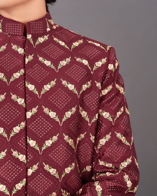 Wine Embroidered with Tikki Work Sherwani with Kurta and Pants Set