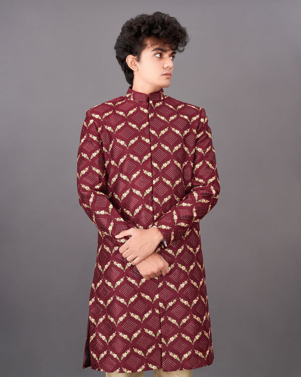 Wine Embroidered with Tikki Work Sherwani with Kurta and Pants Set