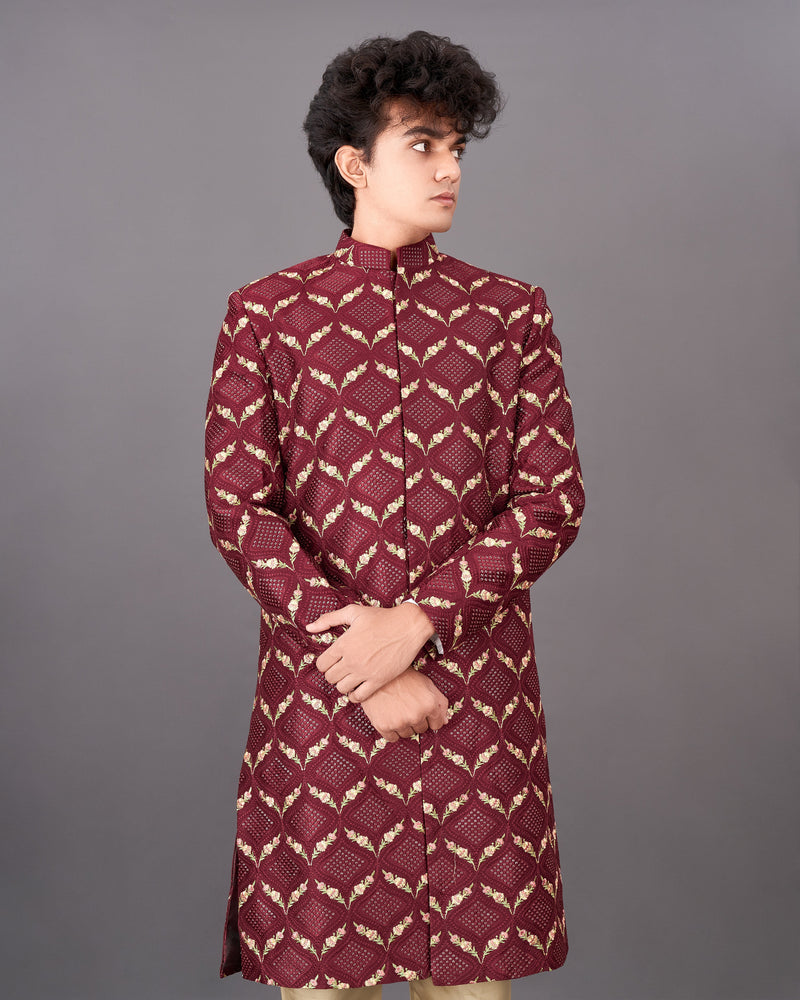 Wine Embroidered with Tikki Work Sherwani with Kurta and Pants Set