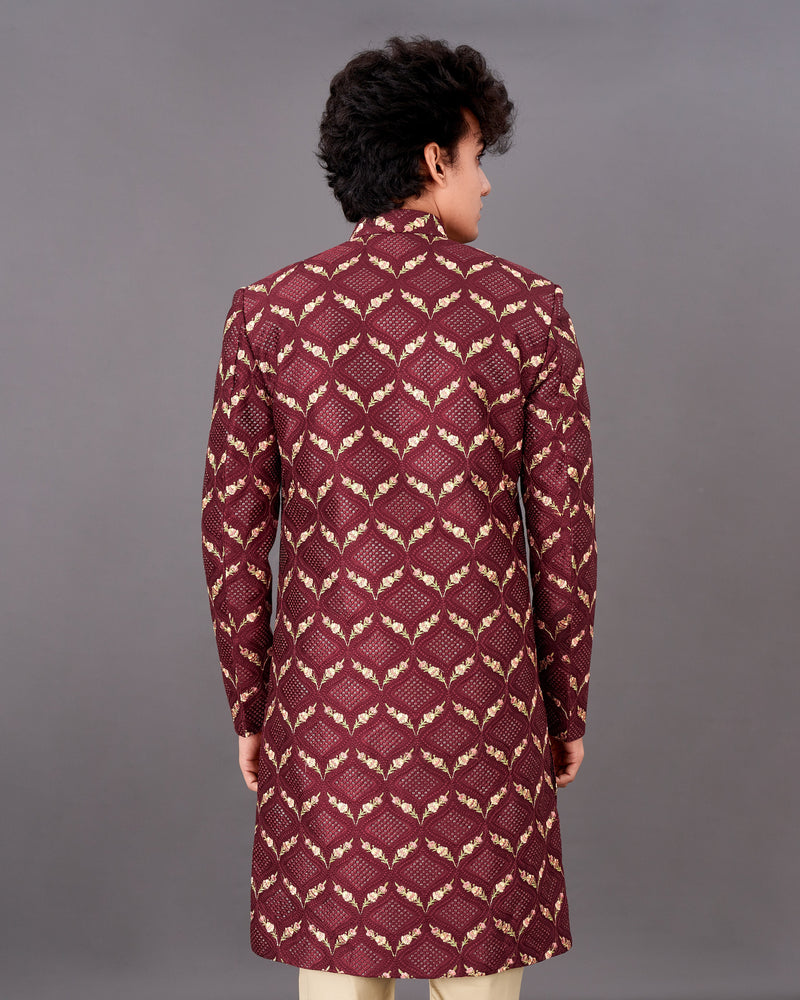 Wine Embroidered with Tikki Work Sherwani with Kurta and Pants Set