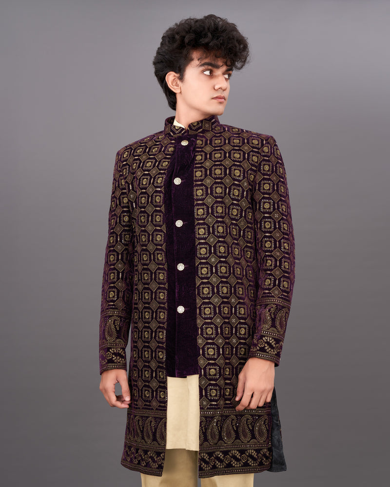 Ebony Maroon with Mocha Brown Heavyweight Embroidered Indo-Western with Kurta and Pants Set