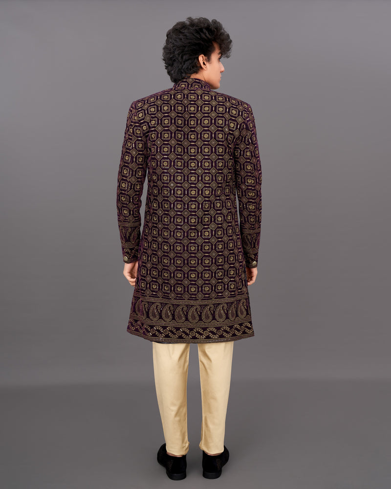 Ebony Maroon with Mocha Brown Heavyweight Embroidered Indo-Western with Kurta and Pants Set
