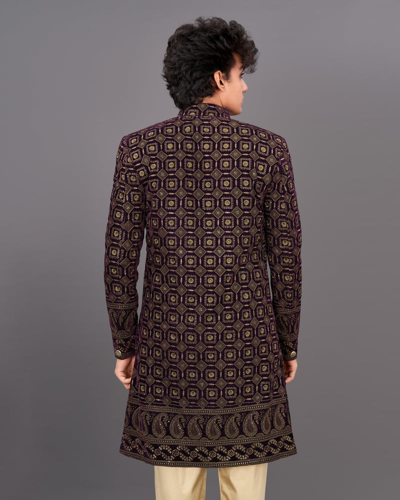 Ebony Maroon with Mocha Brown Heavyweight Embroidered Indo-Western with Kurta and Pants Set