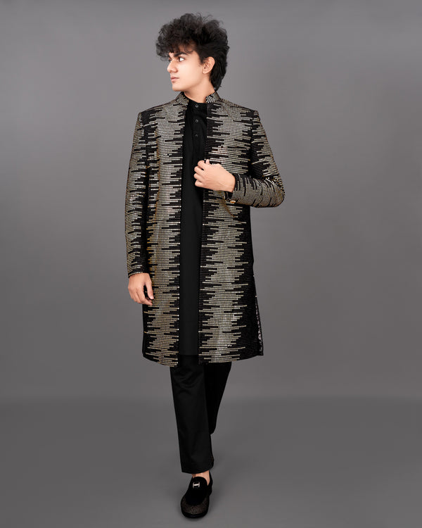 Jade Black and Sequence Embroidered Sherwani with Kurta and Pants Set