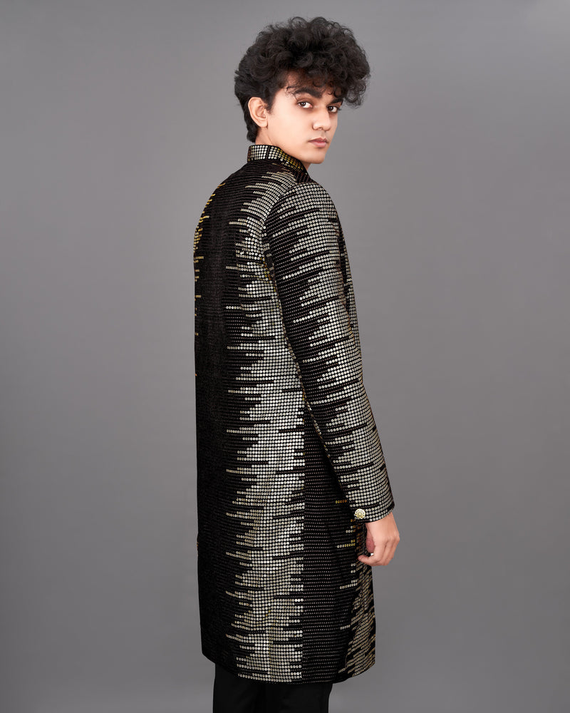 Jade Black and Sequence Embroidered Sherwani with Kurta and Pants Set