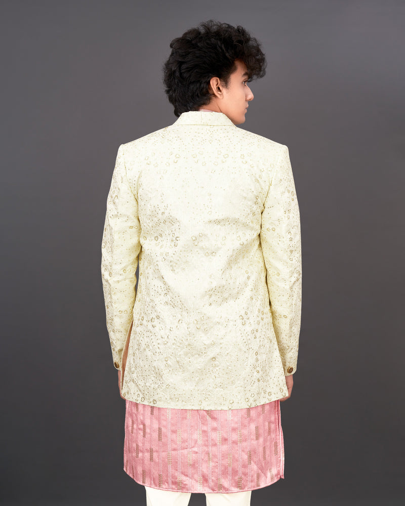 Merino Cream Embroidered Indo-Western with Kurta and Pants Set