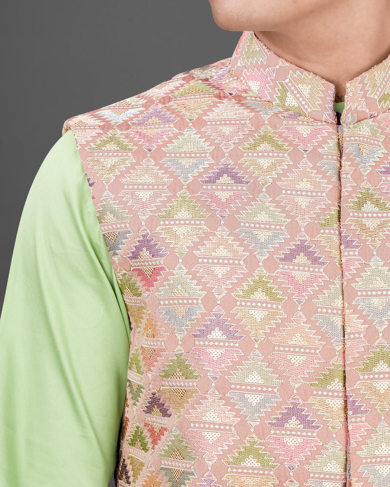 Vanilla Pink with Pixie Green Embroidered Sleeveless Indo-Western with Kurta and Pants Set