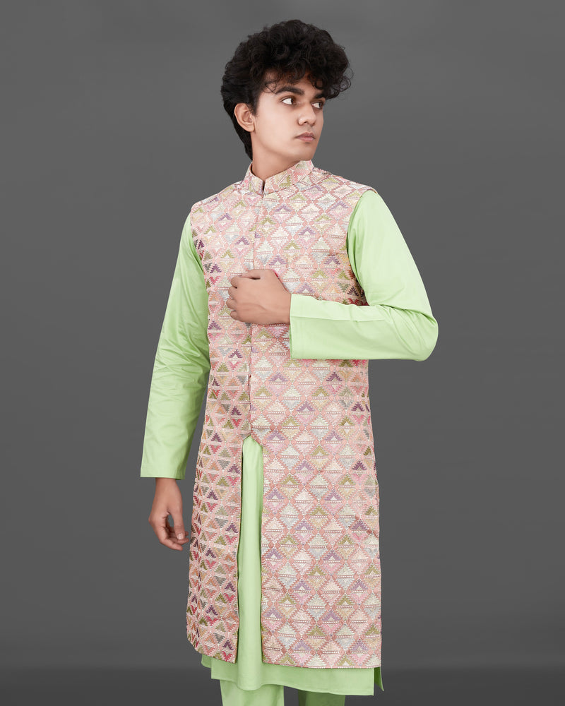 Vanilla Pink with Pixie Green Embroidered Sleeveless Indo-Western with Kurta and Pants Set