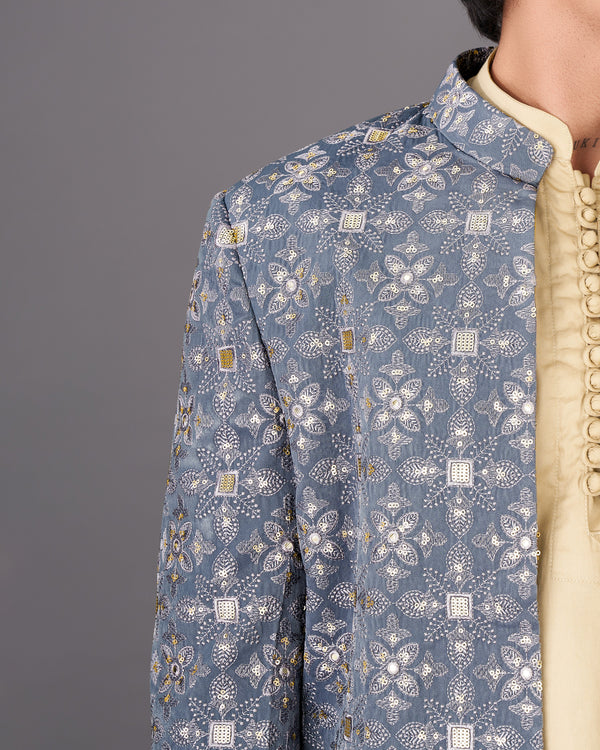 Dolphin Blue and Sequence Embroidered  Sherwani with Kurta and Pants Set