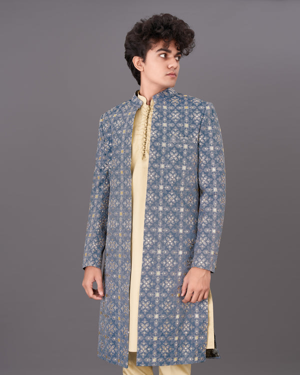 Dolphin Blue and Sequence Embroidered  Sherwani with Kurta and Pants Set