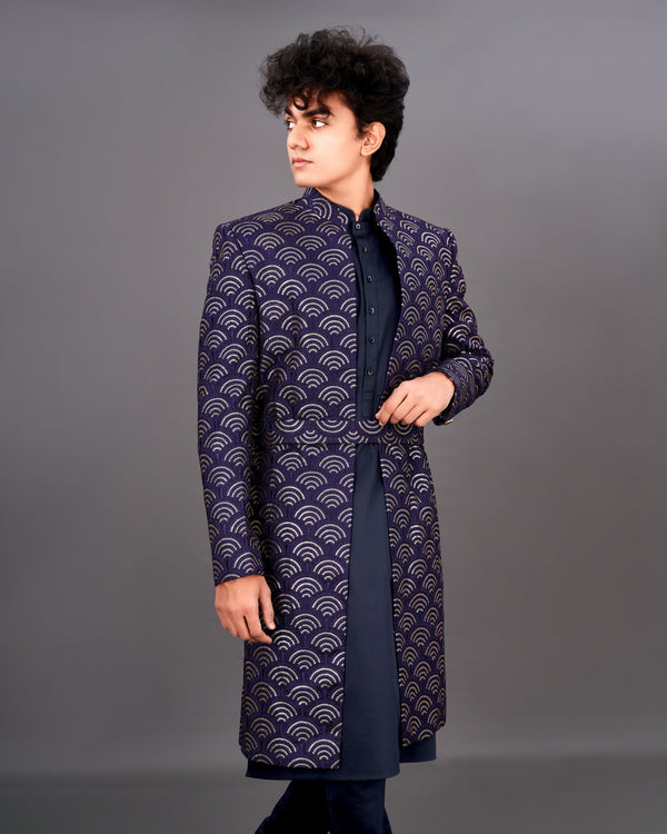 Baltic Sea Blue Sequence Embroidered  Sherwani with Kurta and Pants Set