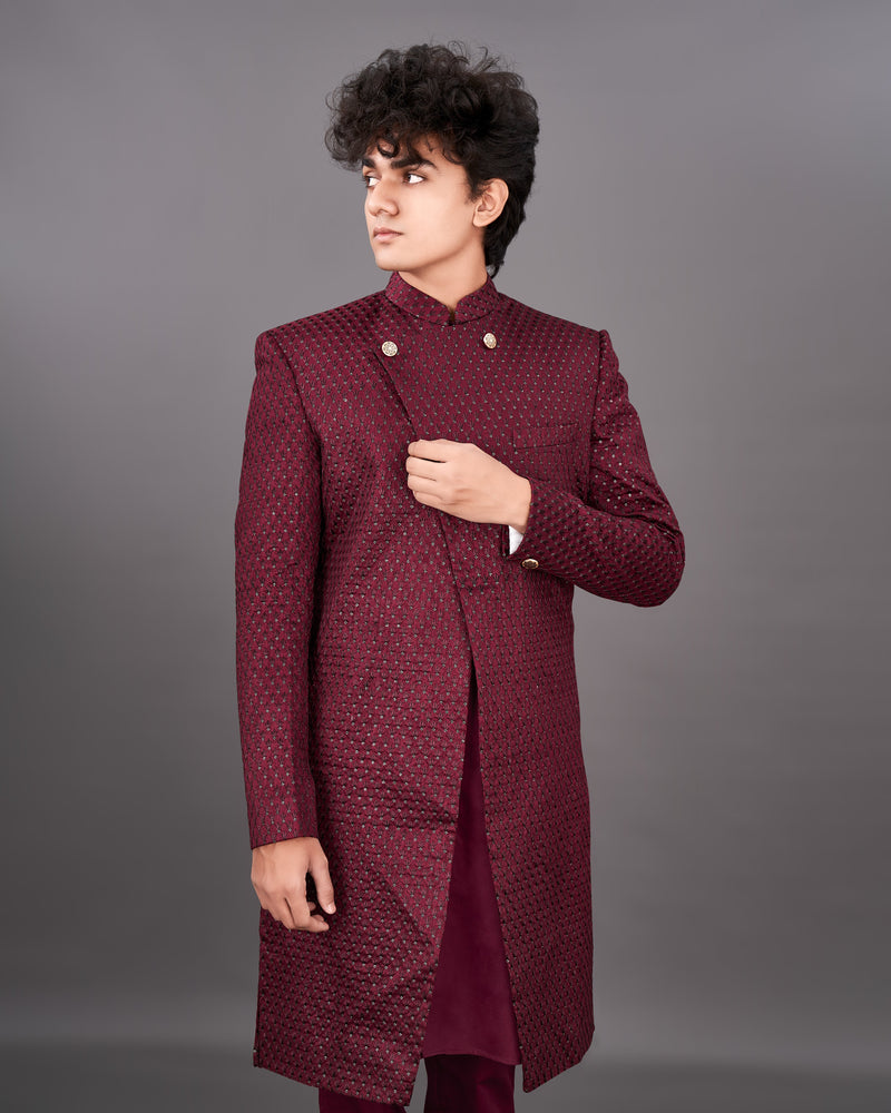 Espresso Maroon and Sequence Embroidered Sherwani with Kurta and Pants Set