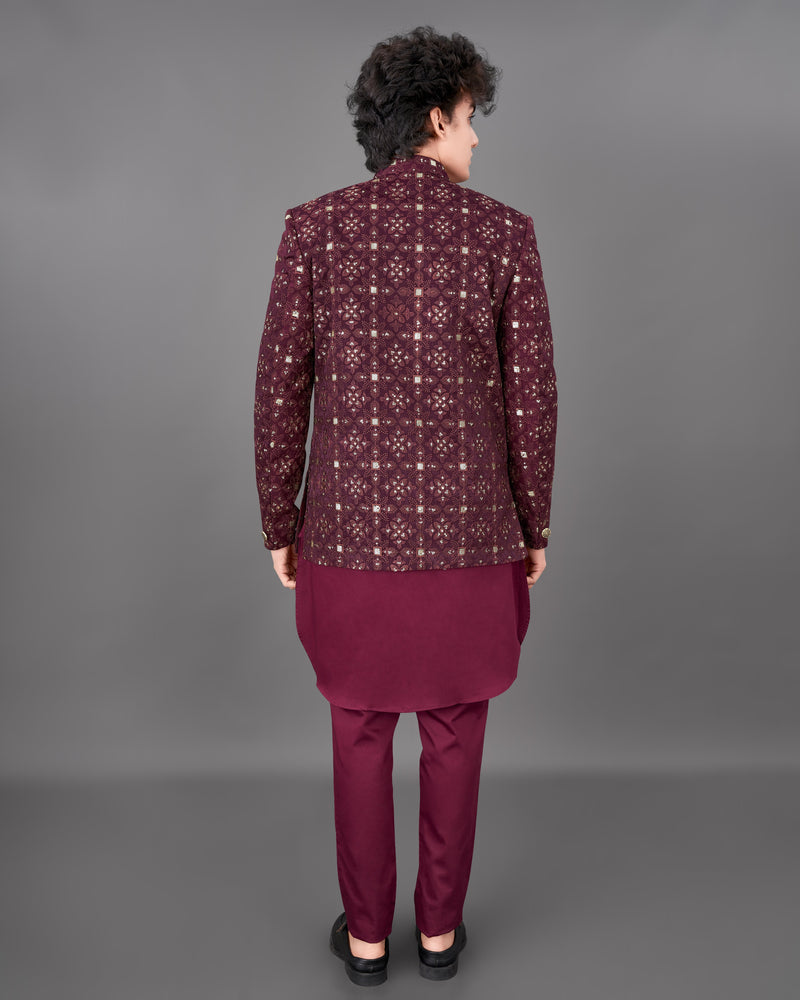 Eclipse Maroon and Sequence Embroidered Jodhpuri with Kurta and Pants Set