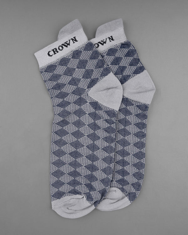 Gray and Blue Rhombus Textured Ankle Length Socks