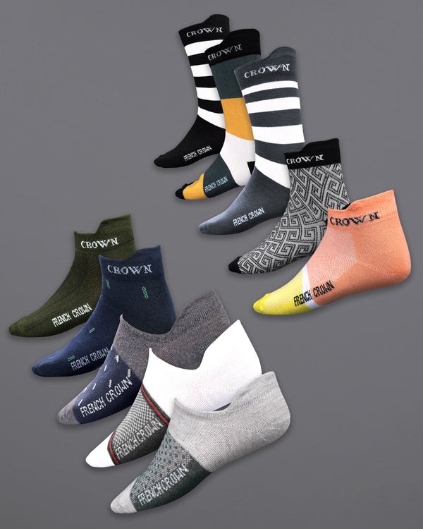 Pack of 10 Socks: Pale Orange, Olive Green, Gray, White, and Black Striped Premium Combed Cotton Crew Length, No-show and Ankle length Shocks SOC010
