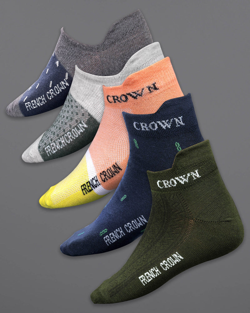 Pack of 5: Navy Blue, Melon Pink, Olive Green, And Grey with Green Greek Key Patterned Premium Combed Cotton Ankle and No-show Length Socks SOC005