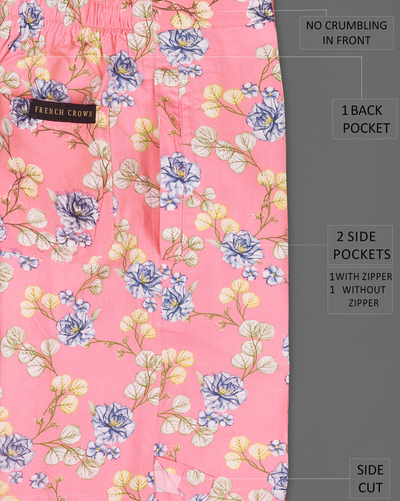 Blush Pink Floral Printed Premium Cotton Shorts SR194-28, SR194-30, SR194-32, SR194-34, SR194-36, SR194-38, SR194-40, SR194-42, SR194-44