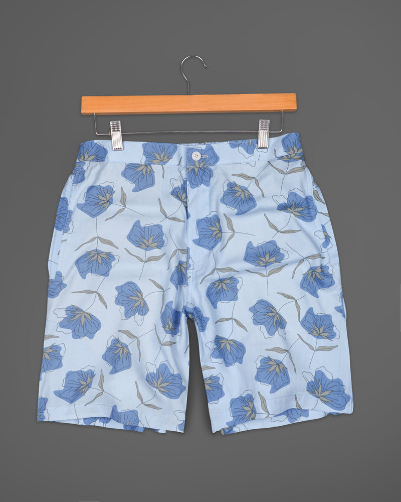 Tropical Blue Floral Printed Premium Cotton Shorts
