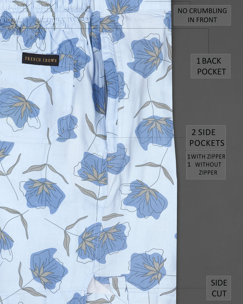 Tropical Blue Floral Printed Premium Cotton Shorts