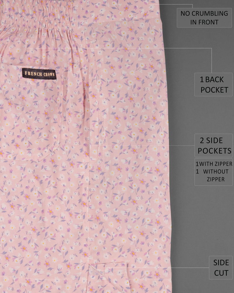 Oyster Pink Floral Printed Premium Tencel Shorts SR121-28, SR121-30, SR121-32, SR121-34, SR121-36, SR121-38, SR121-40, SR121-42, SR121-44