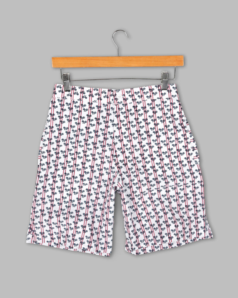 Bright White Striped and Bicycle Printed Premium Cotton Shorts SR74-32, SR74-28, SR74-30, SR74-34, SR74-36, SR74-38, SR74-40, SR74-42, SR74-44