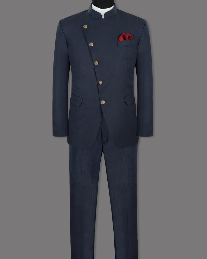 Royal Blue Wool Rich Cross Buttoned Bandhgala/Mandarin Suit