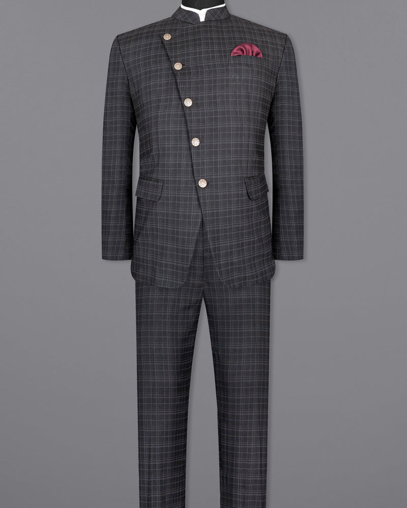 Star Dust and Shark Grey Plaid Cross Button Bandhgala Wool rich Suit ST1408-CBG-36, ST1408-CBG-38, ST1408-CBG-40, ST1408-CBG-42, ST1408-CBG-44, ST1408-CBG-46, ST1408-CBG-48, ST1408-CBG-50, ST1408-CBG-52, ST1408-CBG-54, ST1408-CBG-56, ST1408-CBG-58, ST1408-CBG-60