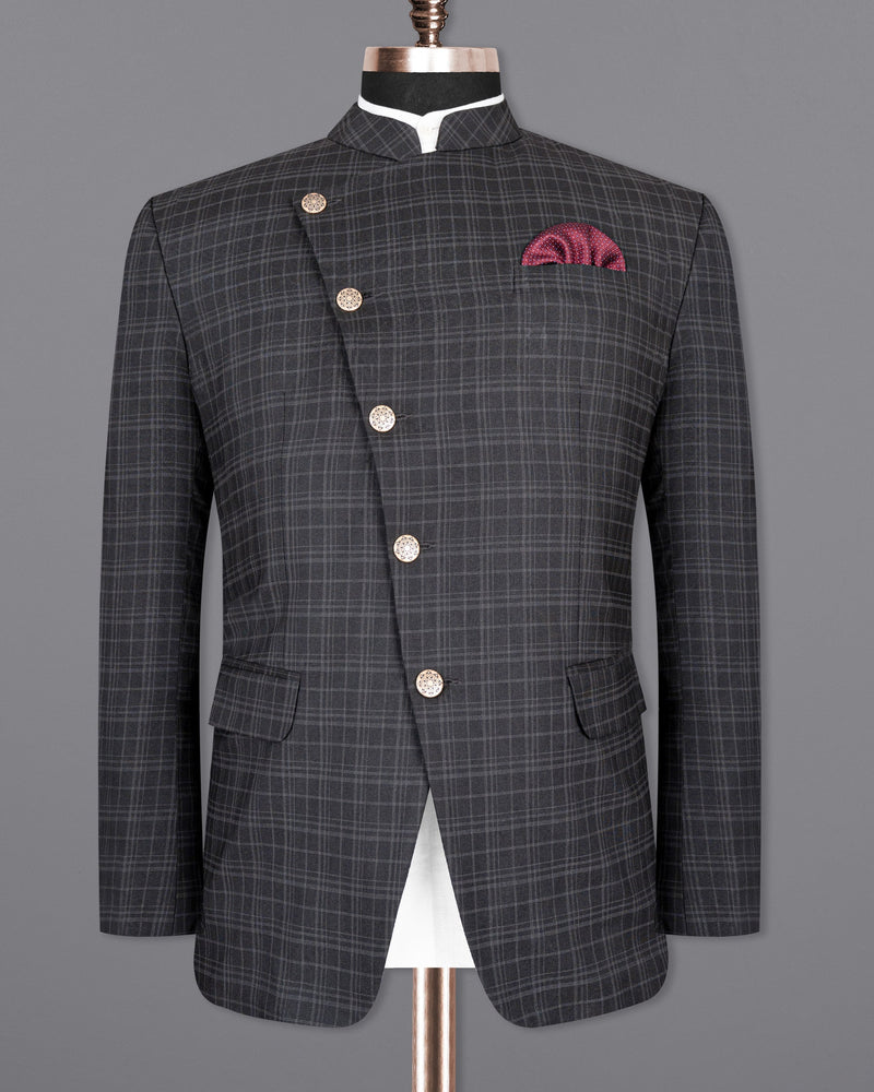 Star Dust and Shark Grey Plaid Cross Button Bandhgala Wool rich Suit