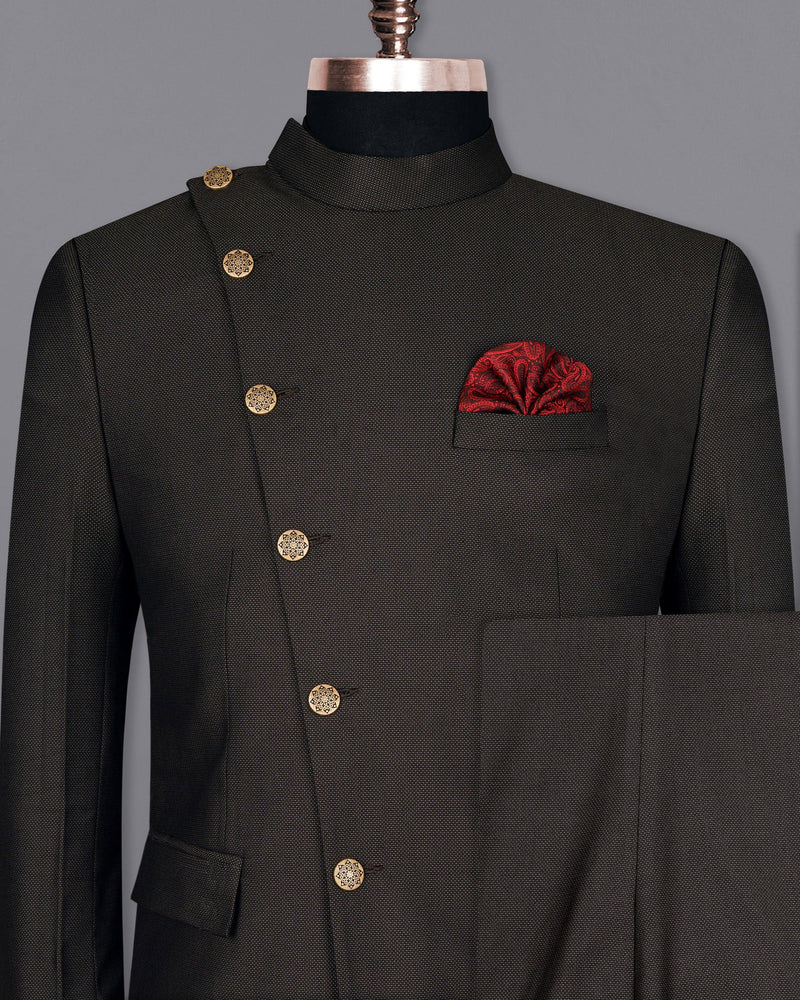 Blackish Brown Cross Buttoned Wool Rich Bandhgala Suit