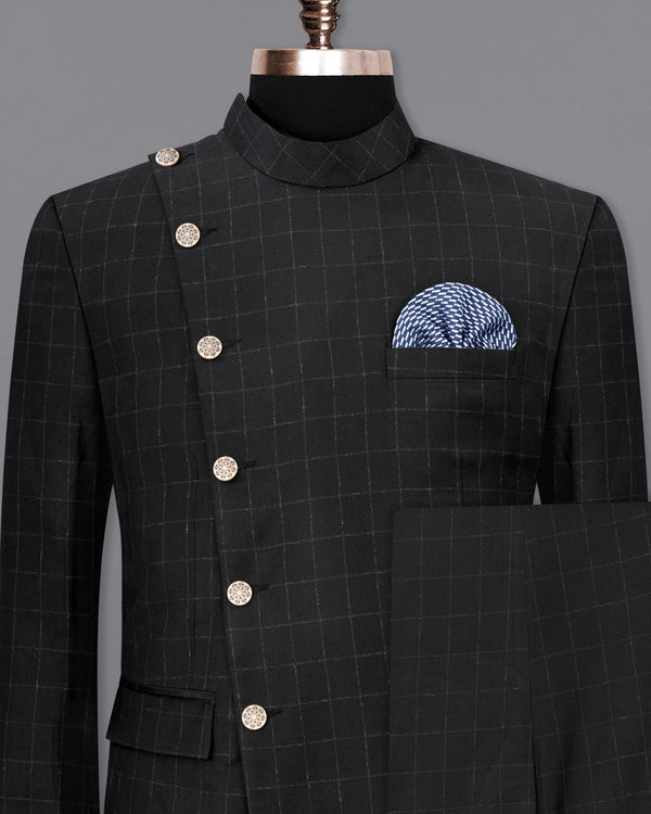 Log Cabin Black Super fine  Windowpane Cross Buttoned Wool Rich Bandhgala Suit
