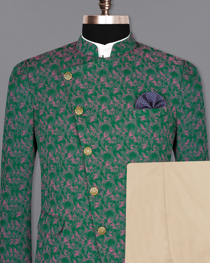 Dartmouth Green with Raspberry Pink Jacquard Textured Cross Buttoned Bandhgala Designer Suit ST1646-CBG-36, ST1646-CBG-38, ST1646-CBG-40, ST1646-CBG-42, ST1646-CBG-44, ST1646-CBG-46, ST1646-CBG-48, ST1646-CBG-50, ST1646-CBG-52, ST1646-CBG-54, ST1646-CBG-56, ST1646-CBG-58, ST1646-CBG-60