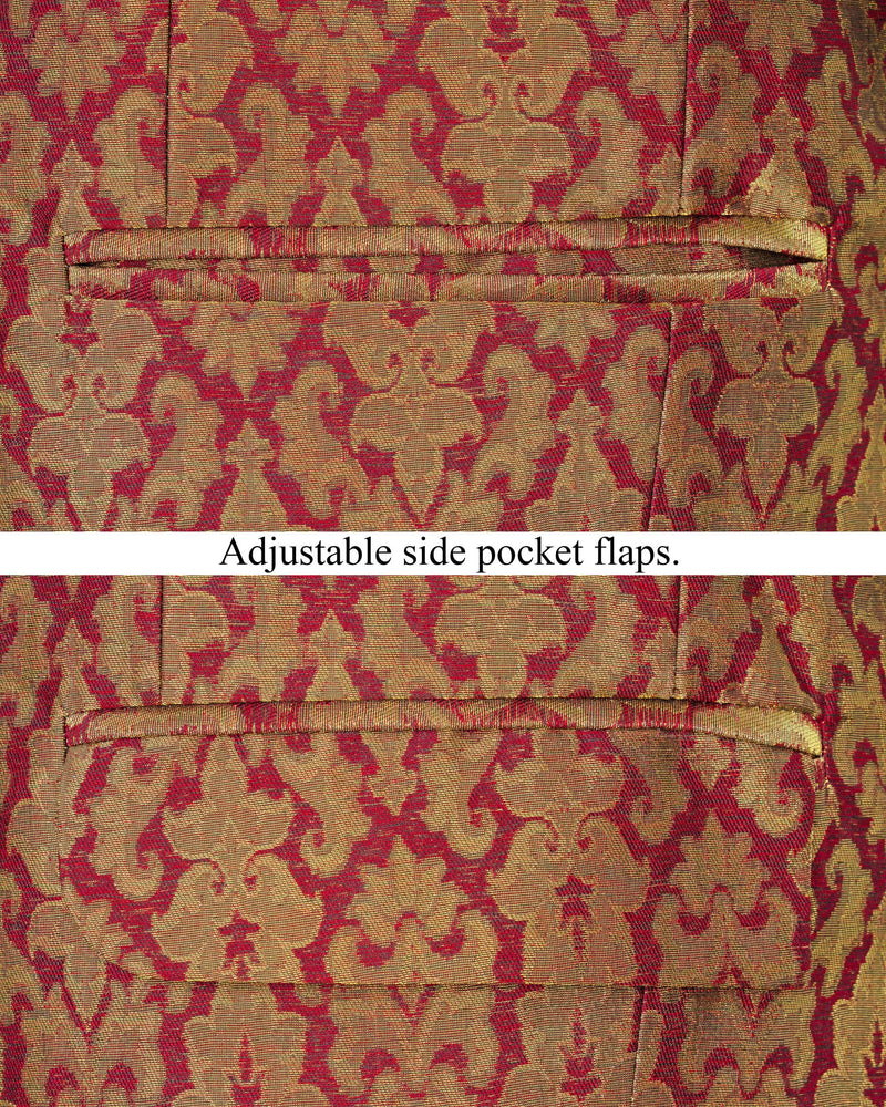 Vivid Auburm and Golden Jacquard Textured Cross Buttoned Bandhgala Designer Suit