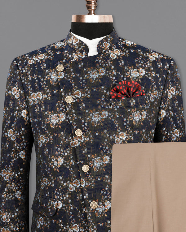Storm Dust Floral Textured Cross Buttoned Bandhgala Designer Suit