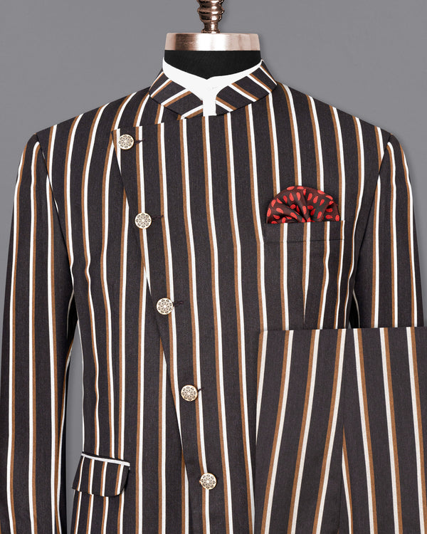 Thunder Brown Striped Cross Buttoned Bandhgala Suit