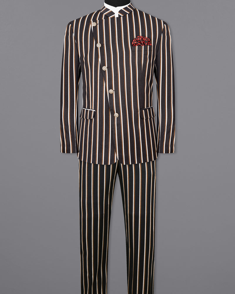 Thunder Brown Striped Cross Buttoned Bandhgala Suit
