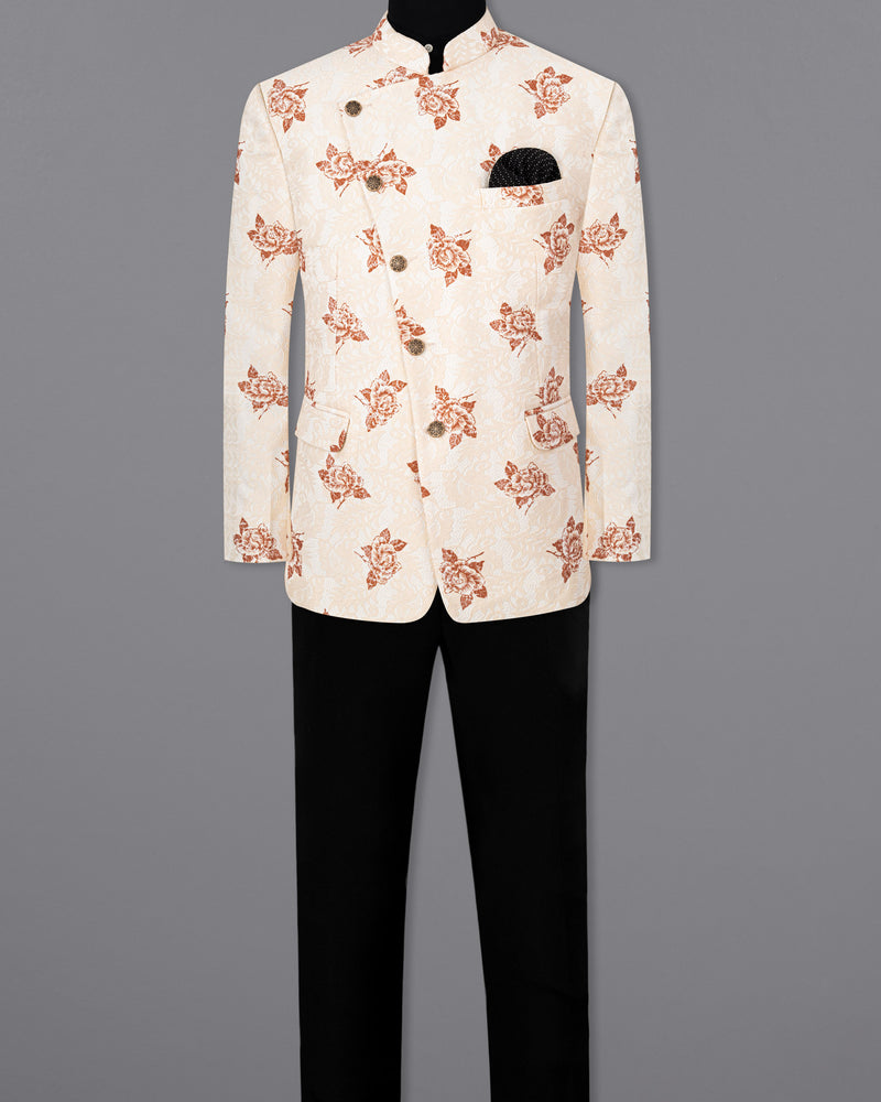 Pearl Bush Floral Printed and Textured Cross-Buttoned Bandhgala Suit
