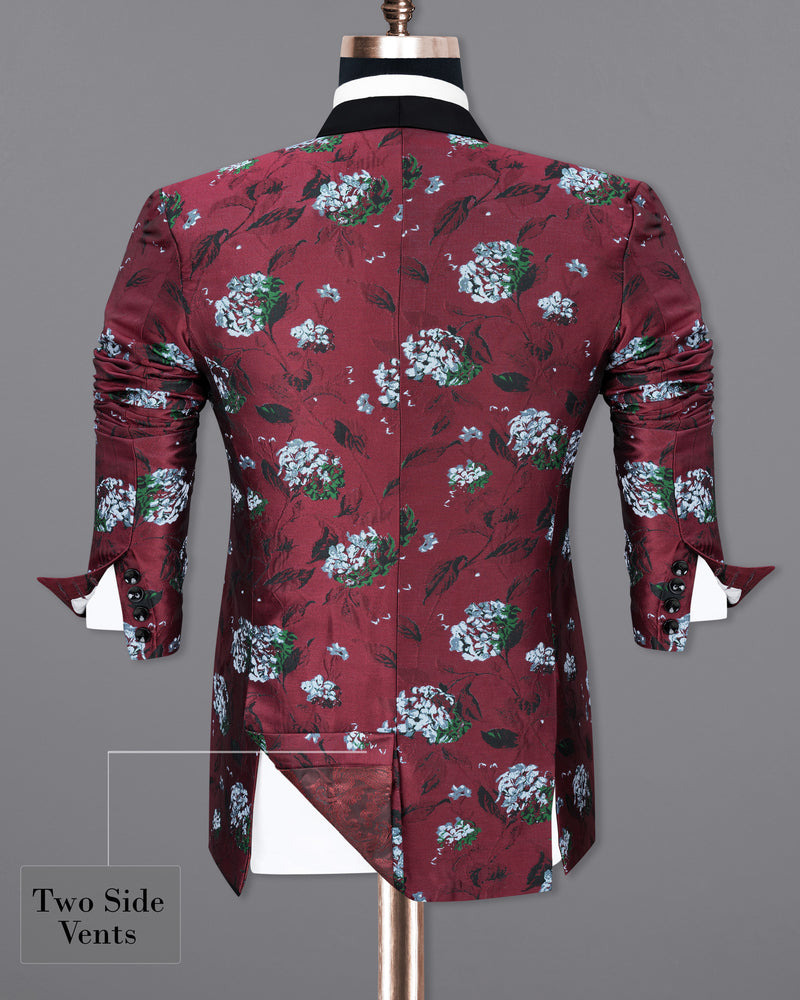 Aubergine Floral Printed and Textured Tuxedo Suit