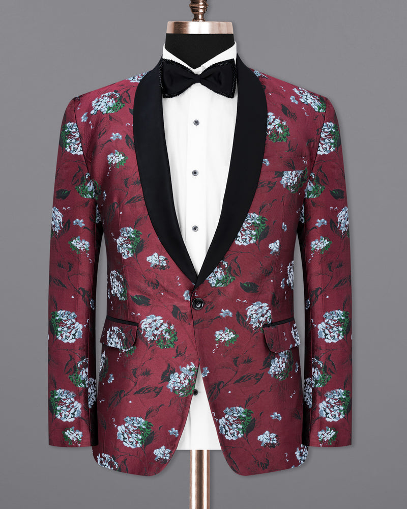 Aubergine Floral Printed and Textured Tuxedo Suit