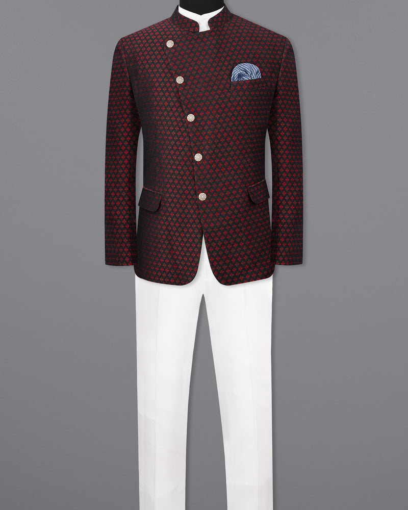 Claret Red and Jade Black Houndstooth Texture Cross Buttoned Bandhgala Suit