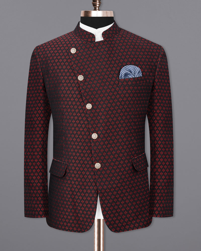 Claret Red and Jade Black Houndstooth Texture Cross Buttoned Bandhgala Suit