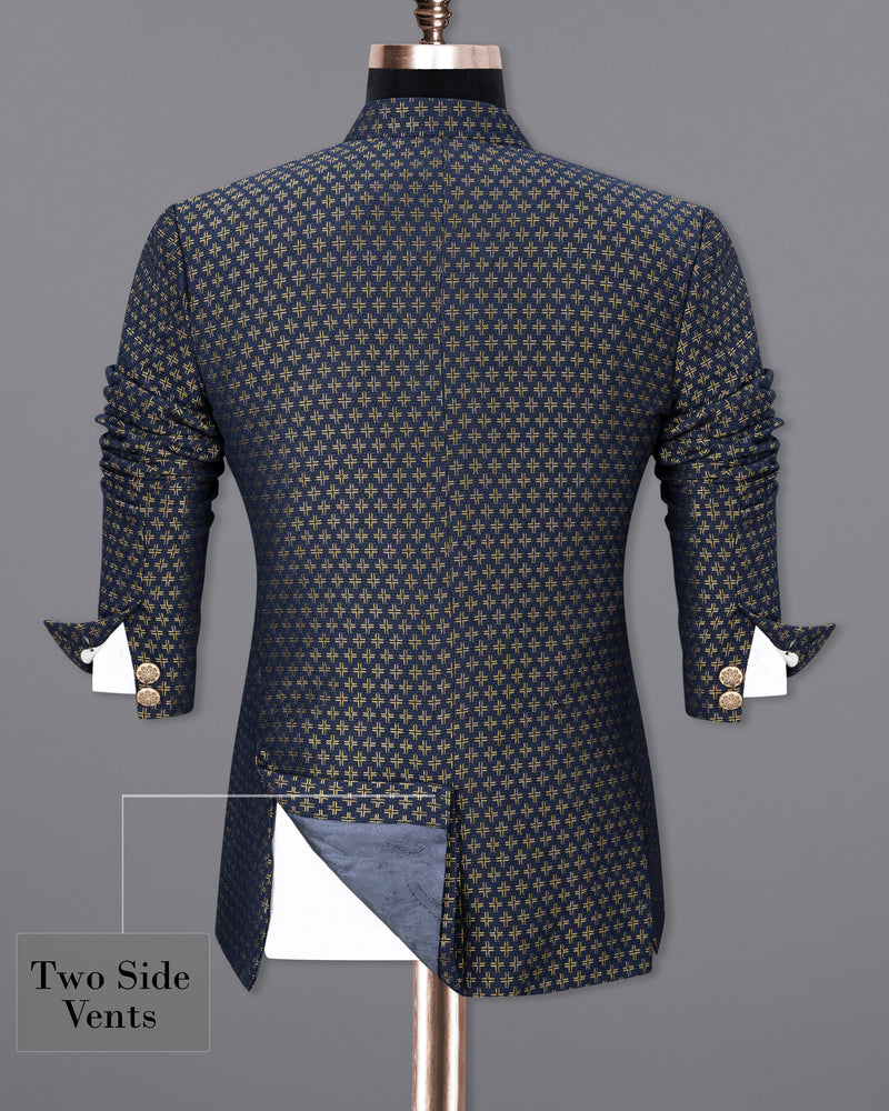 Stratos Blue Houndstooth Texture Cross Buttoned Bandhgala Suit