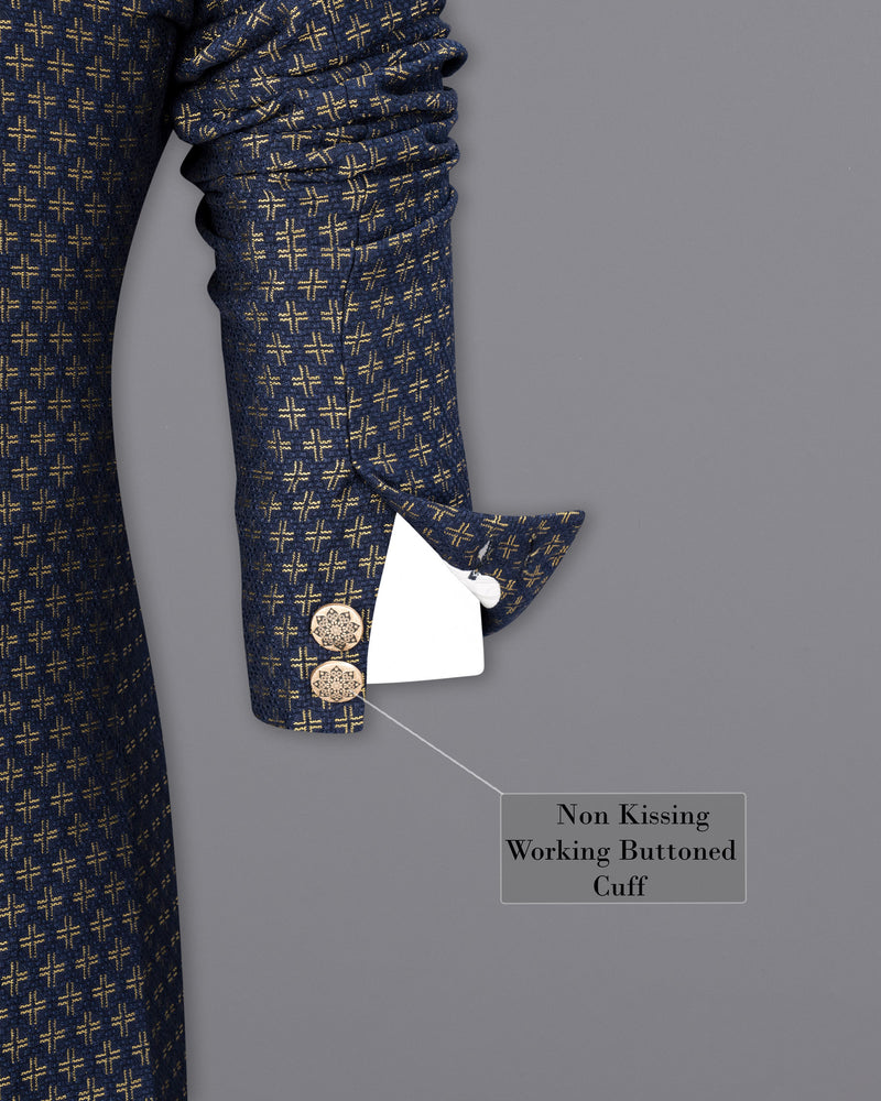 Stratos Blue Houndstooth Texture Cross Buttoned Bandhgala Suit