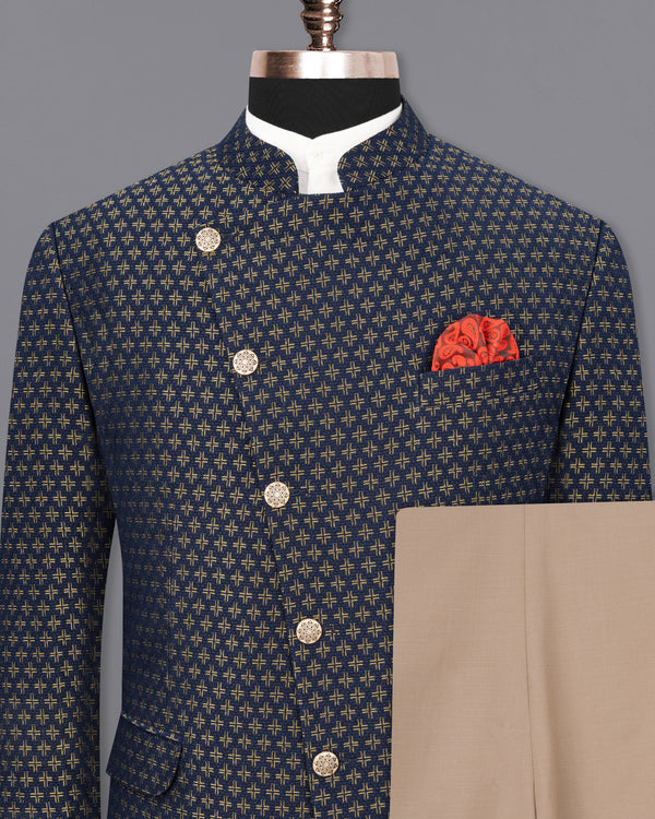 Stratos Blue Houndstooth Texture Cross Buttoned Bandhgala Suit