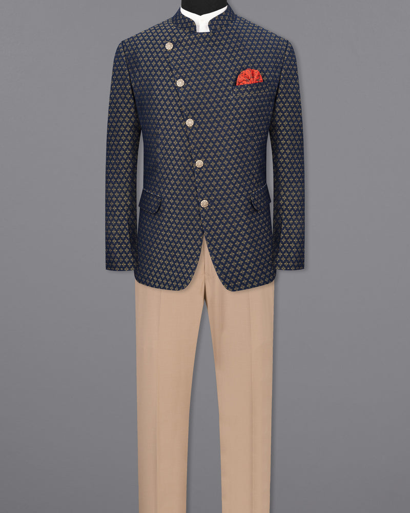 Stratos Blue Houndstooth Texture Cross Buttoned Bandhgala Suit