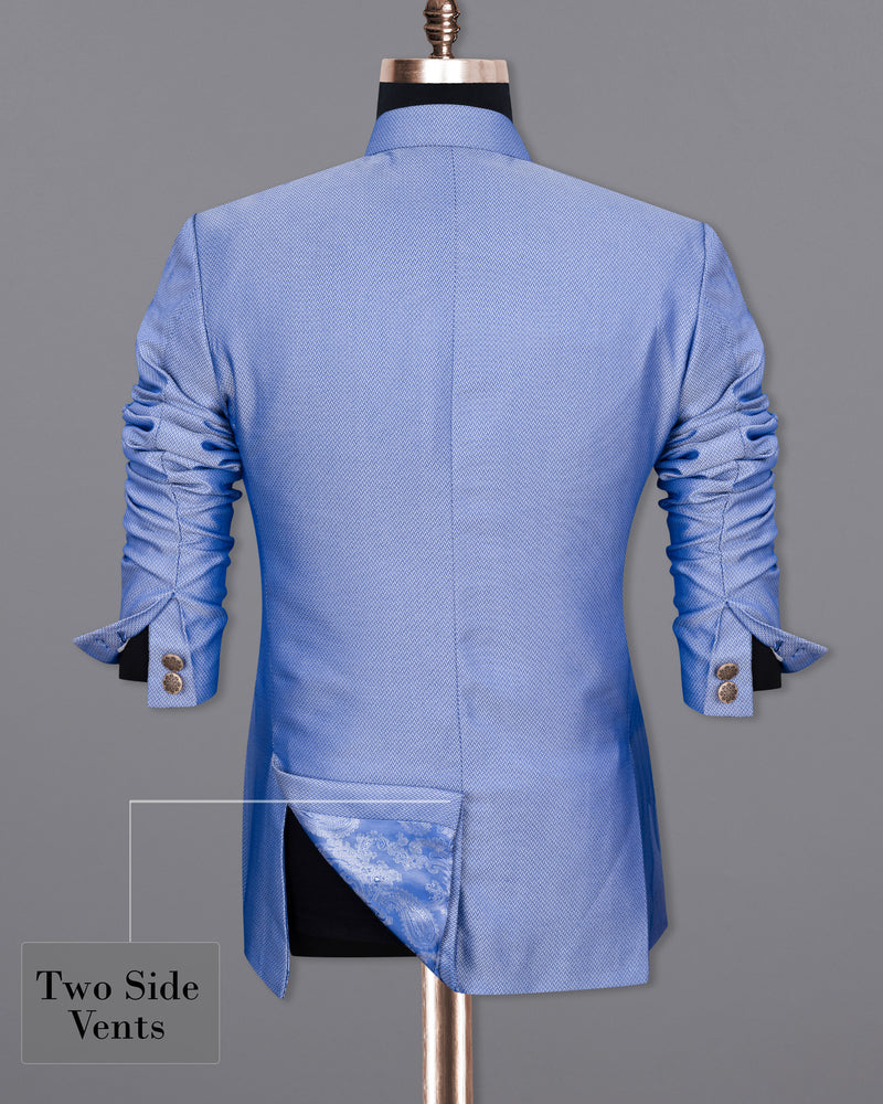 Perano Blue Chevron Textured Cross Buttoned Bandhgala Designer Suit