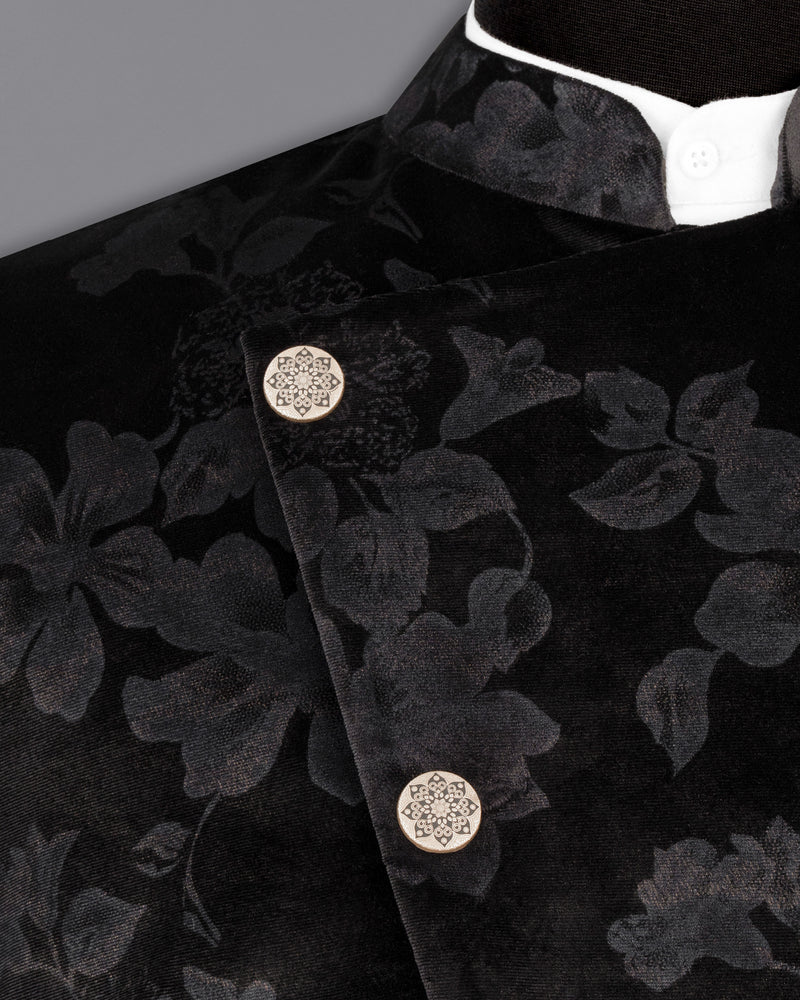 Jade Black Damask Inspired velvet Designed Cross-Buttoned Bandhgala Suit