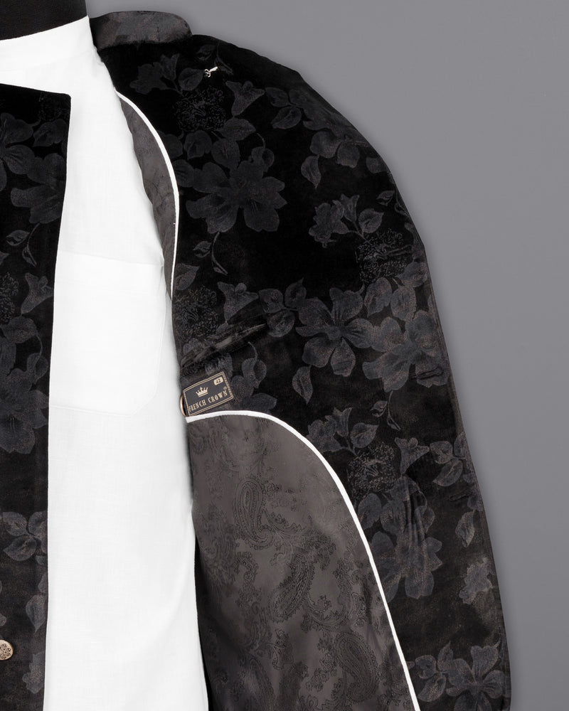 Jade Black Damask Inspired velvet Designed Cross-Buttoned Bandhgala Suit