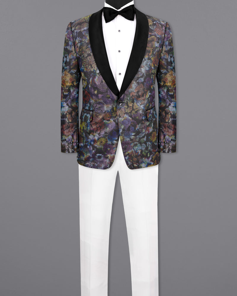 Onyx Black With Multicolour Retro Floral Designer Tuxedo Suit
